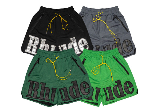 RHUDE Mesh & Faux Leather Panel Embroidered Letter Shorts